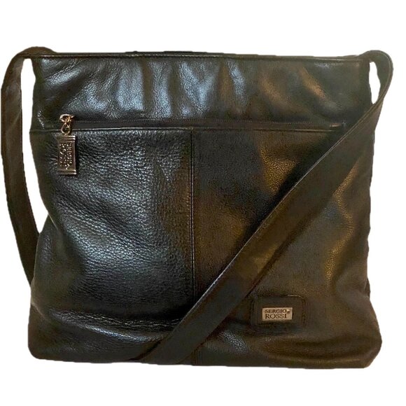 Vintage Sergio Rossi Satchel Black Pebble Leather Top Zip Shoulder Bag Purse EC